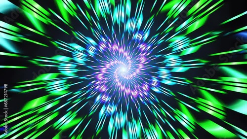 Green, blue, purple rays, beams radiating from white circle in centre and moving helically on black. Disco spectrum lights rotation background. Bright fractal spiral metamorphoses. 4K UHD 4096x2304 photo