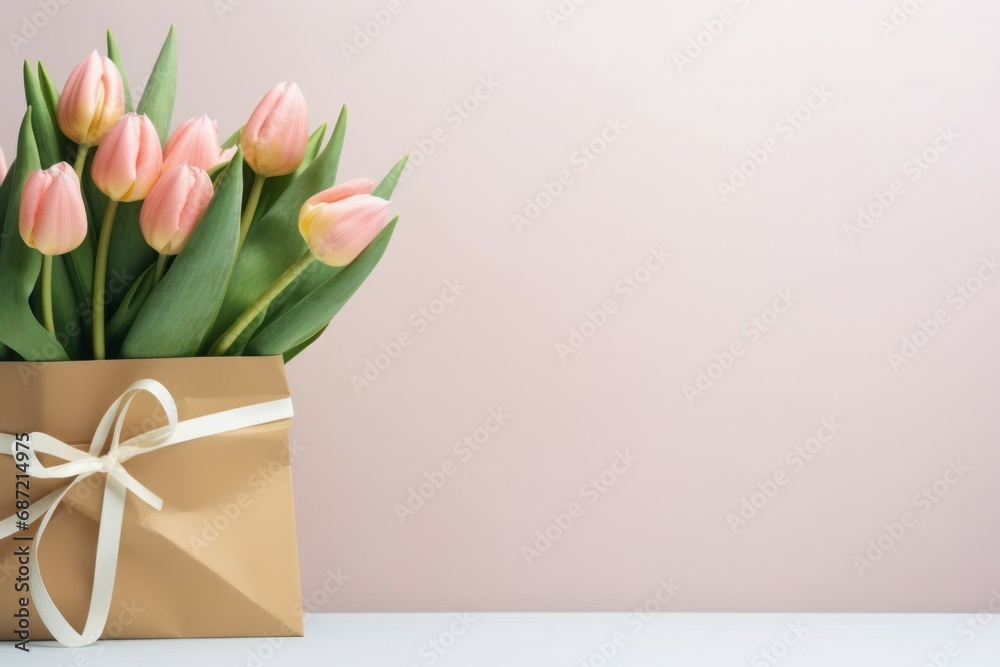 Beautiful tulips for Mother's Day on light background, top view Beautiful tulips for Mother's Day on light background, top view