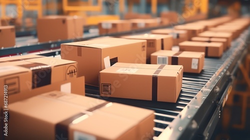 Closeup of multiple cardboard box packages seamlessly moving along a conveyor belt in a warehouse fulfillment center  a snapshot of e-commerce  delivery  automation and products