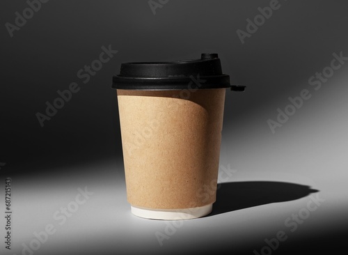 Kraft brown paper cup mock up, carton beige coffee mug to go with black cap