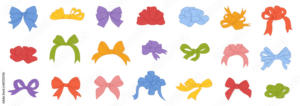Obraz premium Colorful bows, gift bows. Simple hand drawn ribbon bow collection. Bowknot for decoration, big set 
