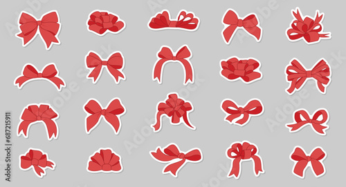 Simple hand drawn ribbon bow collection. Red bow. Bowknot for decoration, big set. photo