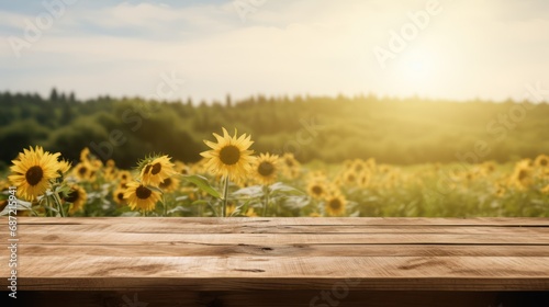 Empty wooden table with sun flower field landscape