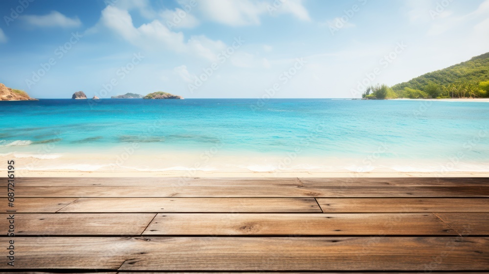 Fototapeta premium Empty wooden table with sea view background