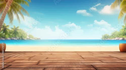Empty wooden table with beach view background