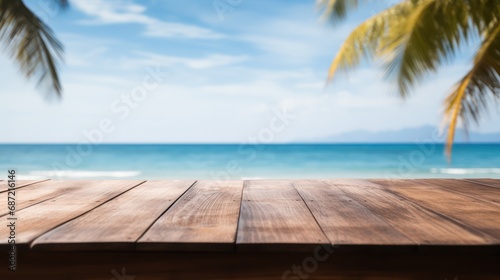 Empty wooden table with beach view background