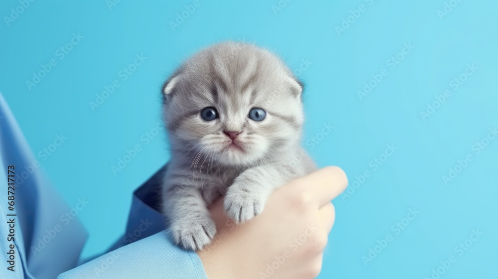 cropped shot of veterinarian holding kitten in hands, clinic on background, focus on cat