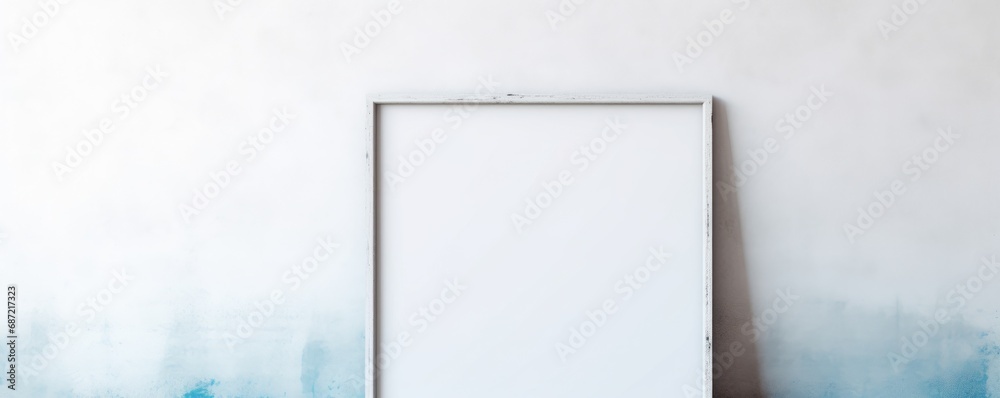 empty white frame on a wall, natural bright light, elements of rust and a hint of blue on the wall in the background. Free space for your text. empty white frame on a wall, natural bright light, elements of rust and a hint of blue on the wall in the background. Free space for your text.