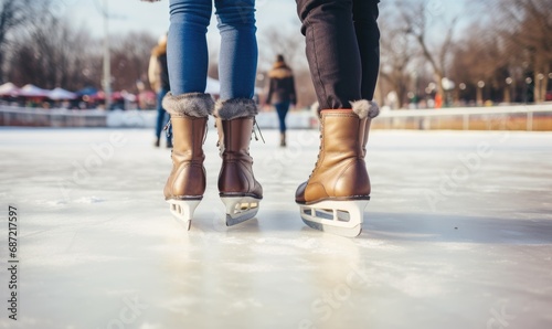 Close up photo of skates on feet on ice with amazing background. Skating on ice in winter