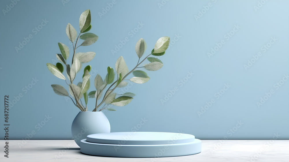 A minimal background with a podium pedestal for displaying the product in blue, with green leaves. A minimal background with a podium pedestal for displaying the product in blue, with green leaves.