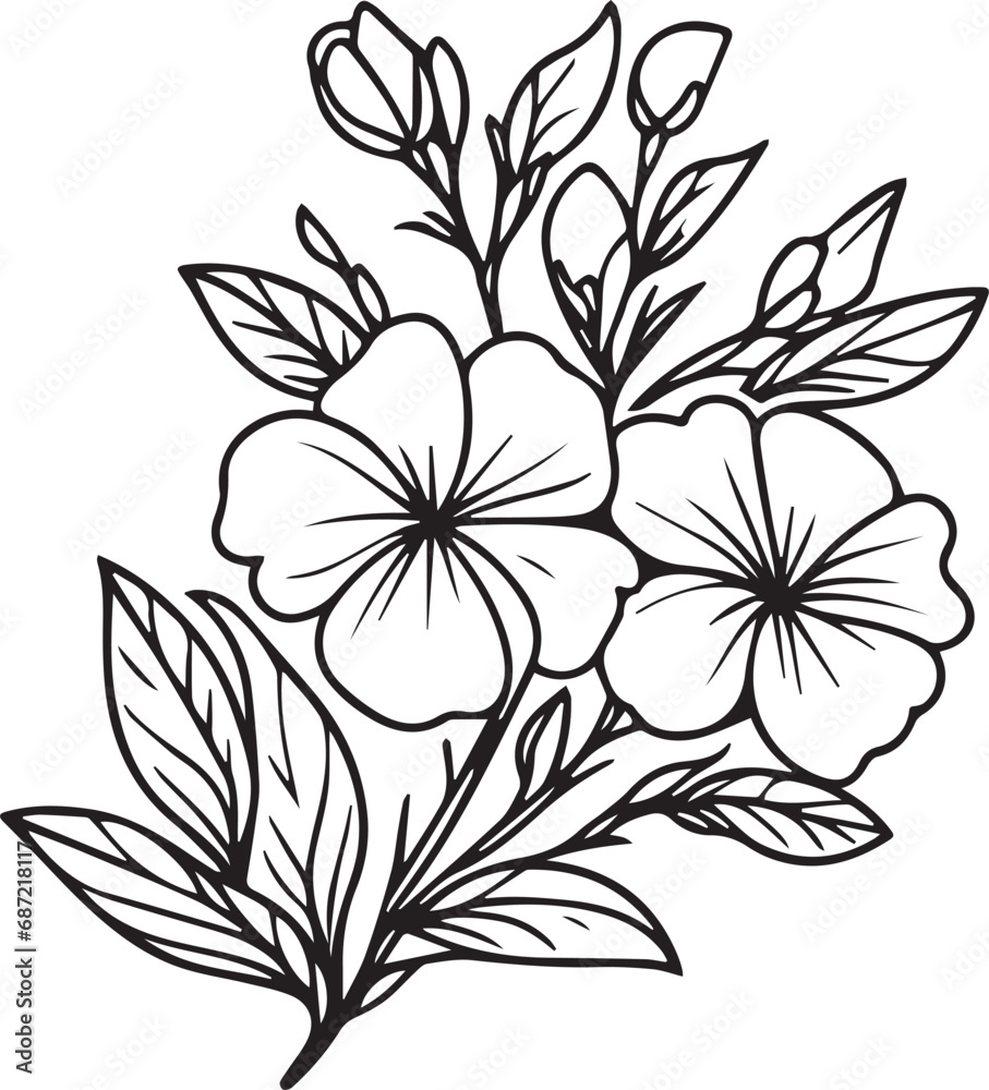 Periwinkle birth flower vector illustration, beautiful vinca flower wall decor, hand-drawn coloring pages periwinkle flower drawing of artistic noyontara engraved ink art