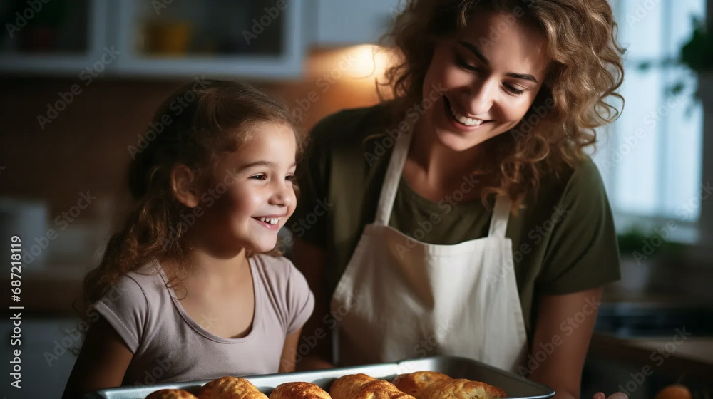 Smiling mother and daughter cooking and baking a cake in the kitchen. AI generative.