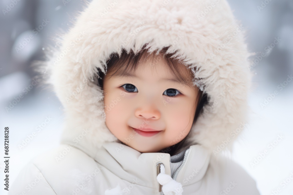 Portrait of cute little girl in beautiful warm outfit on winter background Portrait of cute little girl in beautiful warm outfit on winter background