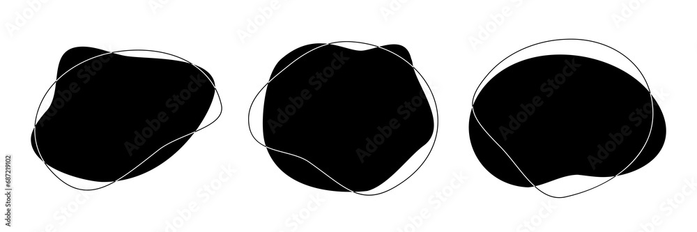 Black liquid irregular amoeba blob shapes vector collection isolated on white background. Fluid bobble blotch forms set, deform drops - obrazy, fototapety, plakaty 