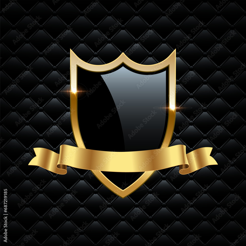 Glass shield with gold frame and ribbon. Metal heraldic emblems vector illustration. Retro luxury elements with shining sparkles. Heraldry insignia, antique golden decor on black VIP background
