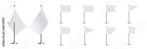 White small flags on poles set, 3D realistic flags of different shapes on metal sticks photo