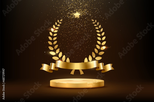 Gold award round podium with laurel wreath, ribbon, star, shiny glitter and sparkles isolated on dark background. Vector golden symbol of victory, achievement, success, rewarding of winner