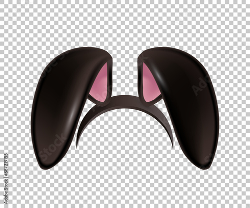 Rabbit ears realistic 3d vector illustration. Easter bunny ears kid headband, mask. Hare costume black and pink element. Photo editor, booth, video chat app isolated on transparent background