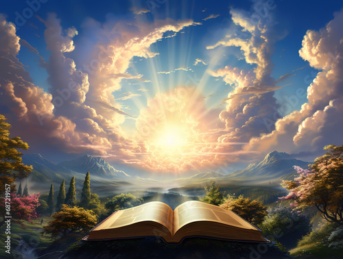 Bible illustration open book landscape art paradise sun light prayer jesus god Divine nature
