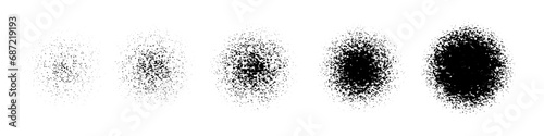 Circle spray gradient pattern. Set of grain dot round frames. Noise texture rings. White black dust or sand circular borders. Sun view. Solar eclipse. Abstract vector illustration photo