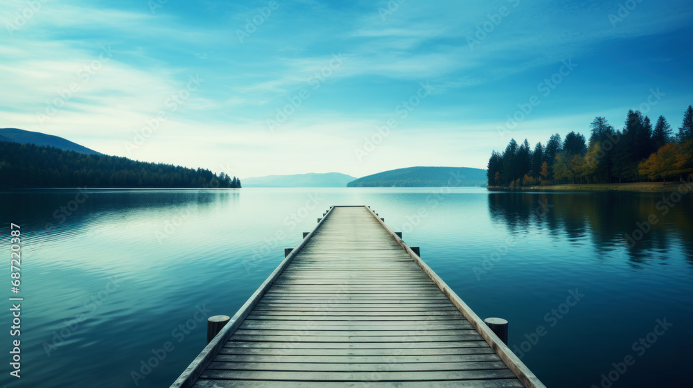 Wooden pier bridge on a lake. Wallpaper background.