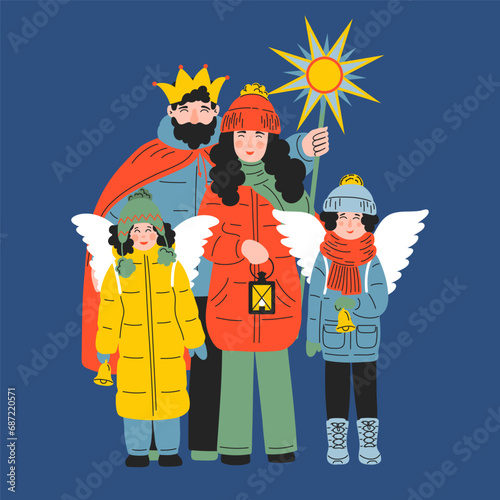 Christmas carolers. Ukraine traditional Christmas carols sinning family. Nativity Scene costumes.