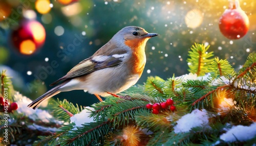 robin on christmas tree branch