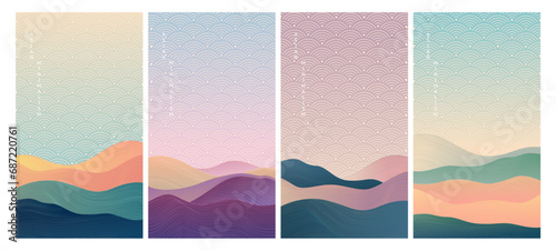 Japanese background. Japan line pattern, sea wave graphic elements, oriental sunset texture. Natural pastel colors. Asian minimalism. Elegant premium backdrop, vector illustration, banners collection