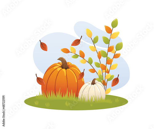 Pumpkins and autumn leaves on a white background