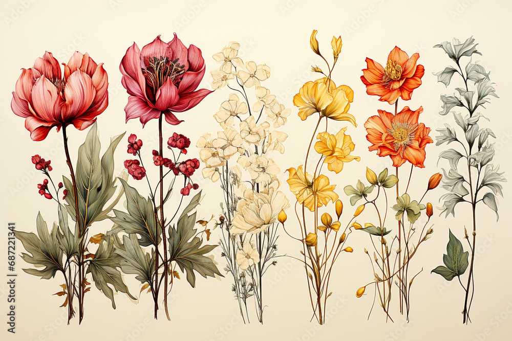 Naklejka premium Vintage floral greeting cards. of flowers, orchid, tulip, frame, wild flowers, plants and leaves on vintage paper for background,