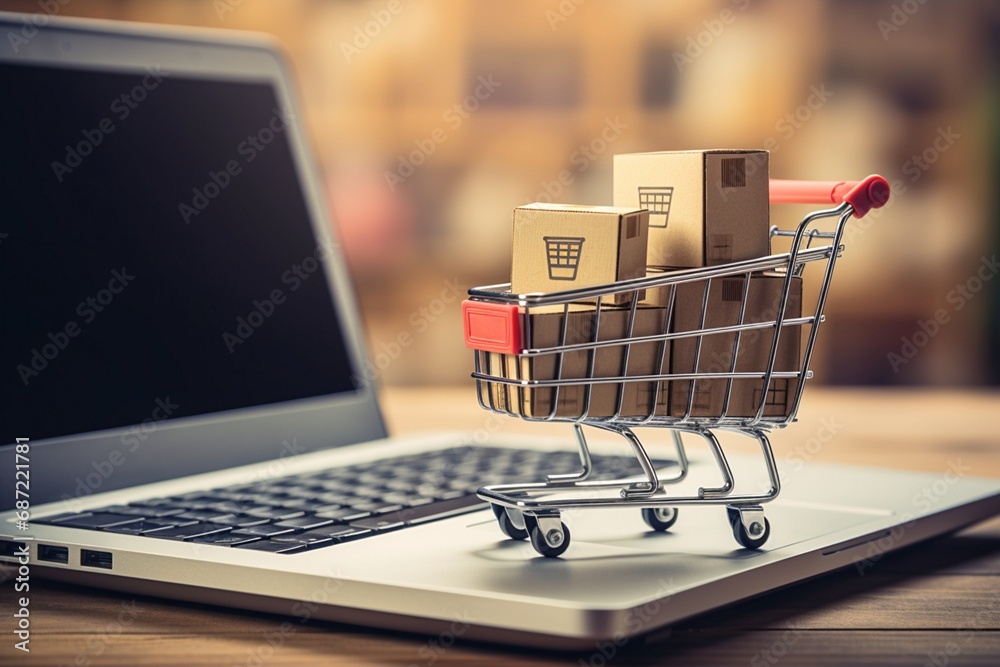 Shopping cart on laptop-shopping cart with laptop-_Boxes_with_shopping_cart_on-laptop and table