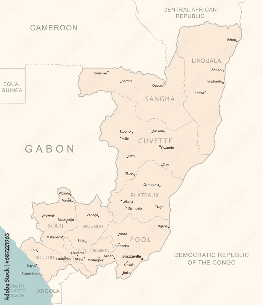 Fototapeta premium Republic of the Congo - detailed map with administrative divisions country.