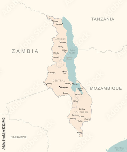 Malawi - detailed map with administrative divisions country.