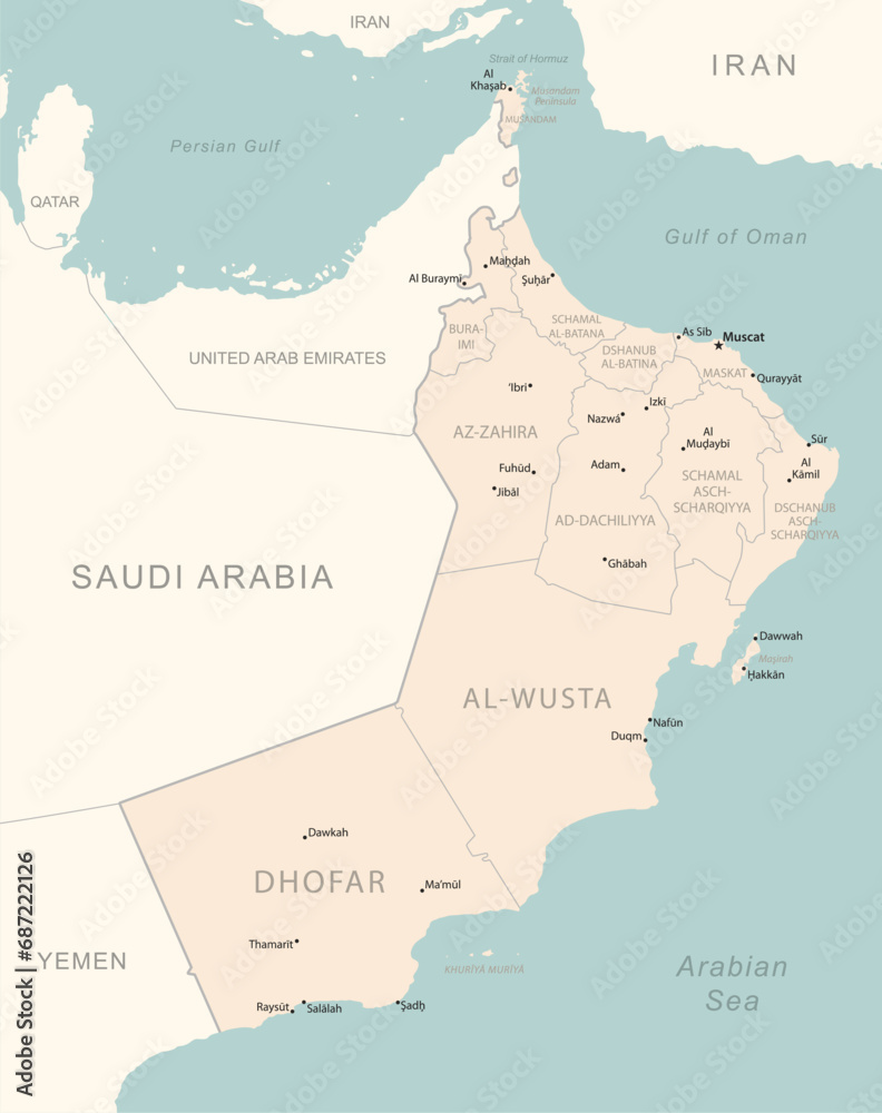 Oman - detailed map with administrative divisions country. - obrazy, fototapety, plakaty 