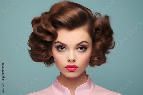 Pretty woman with brunette hair in retro hairstyle and makeup in front of blue background