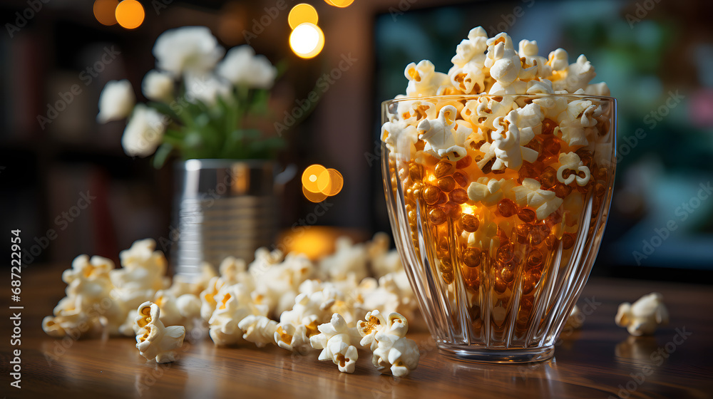 A Glass Bowl of Popcorn Display in a Cozy Home Interior