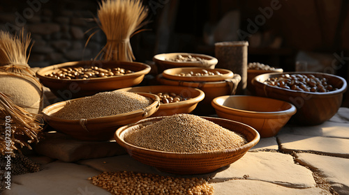 vasijas llenas de trigo y cereales