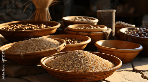 vasijas llenas de trigo y cereales photo
