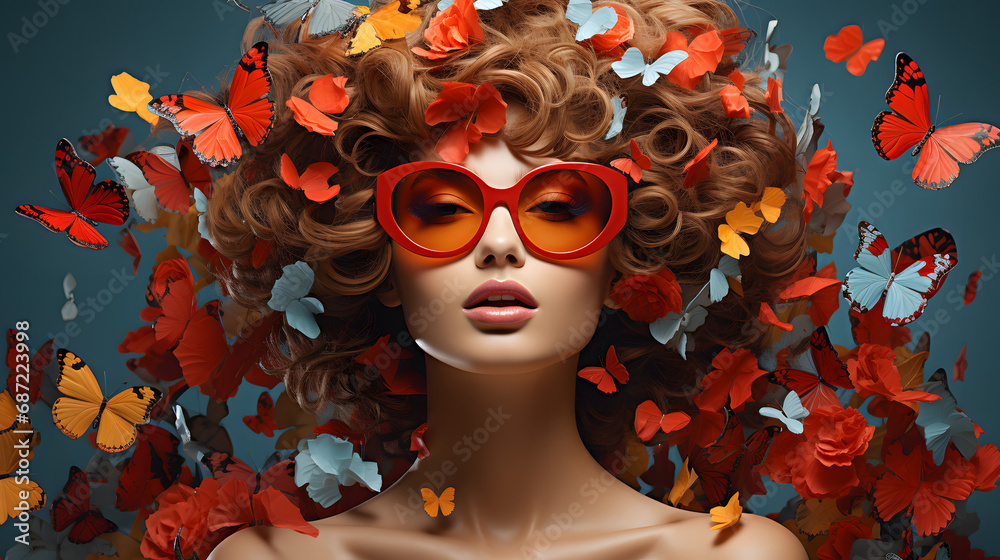Surreal Portrait of a Woman Adorned with Butterfly-Adorned Hair Surreal Portrait of a Woman Adorned with Butterfly-Adorned Hair