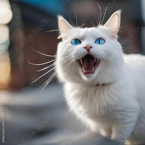 AI generated illustration of a white cat with a content expression walking down a sunny city street