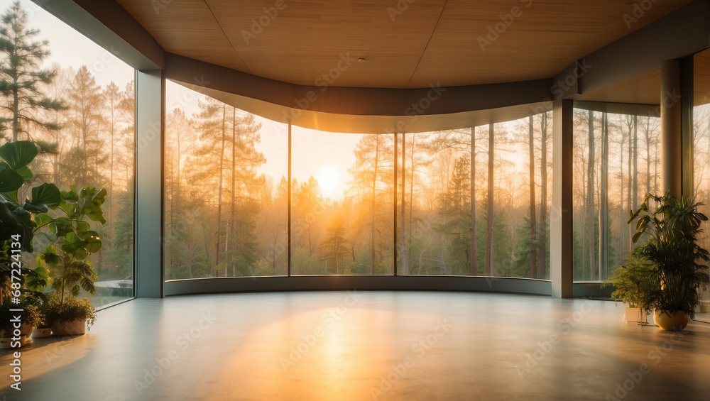 Fototapeta premium Gran salón de madera con grandes ventanales, con vistas a un gran prado y la montañas. Arquitectura moderna.