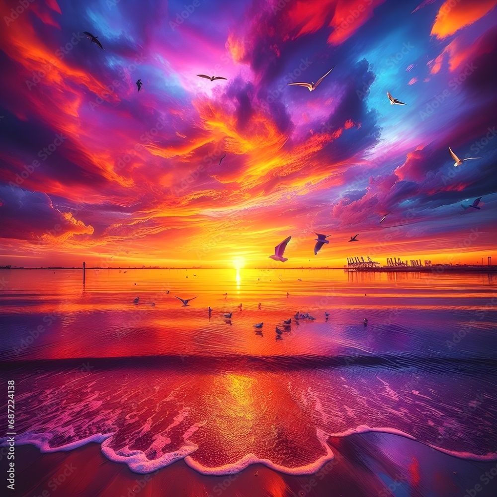 Seagulls Over Sunset, A flock of seagulls soars through the sky, their wings silhouetted against the fiery colors of the setting sun. The sea below reflects the vibrant hues.