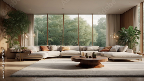 Gran salón con grandes ventanales y vistas al bosque. Arquitectura moderna. © LuisC