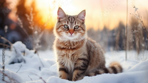 cat walk outside,winter landscape on background