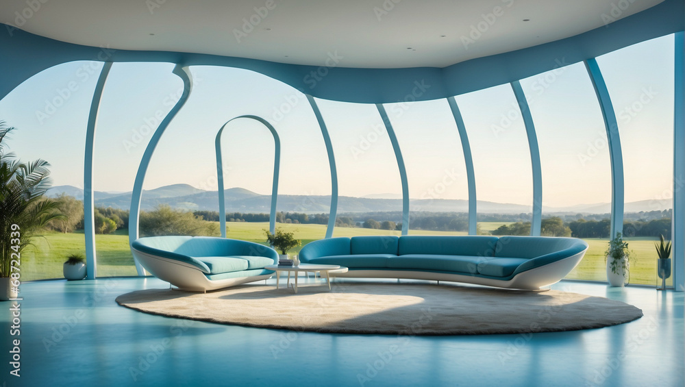 Fototapeta premium Gran salón azul con grandes ventanales con vistas a un gran prado y la montañas. Arquitectura moderna. Espacio de paz.