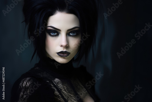 Portrait of a beautiful goth girl with dark makeup. Place for text