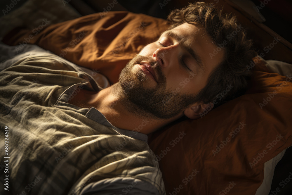 Fototapeta premium Handsome man sleeping in bed in the morning