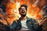 A stylishly bearded man with glasses emits a contagious laughter as his animated clothing adds a whimsical touch to the human face captured in this artful painting reminiscent of anime