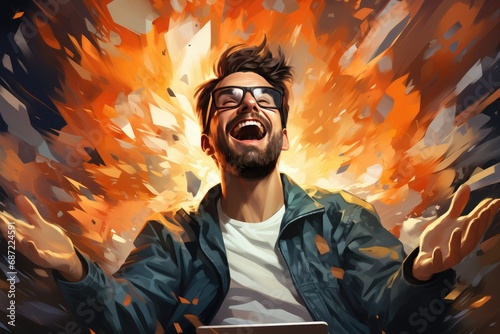 A stylishly bearded man with glasses emits a contagious laughter as his animated clothing adds a whimsical touch to the human face captured in this artful painting reminiscent of anime