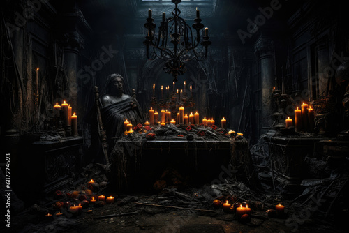 scary dark atmospheric room with burning candles